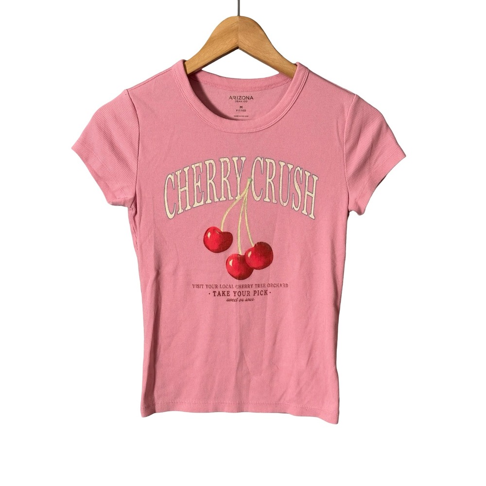 Arizona Jean Co Cherry Crush Pink Ribbed Baby Tee Size M Graphic Fitted Top